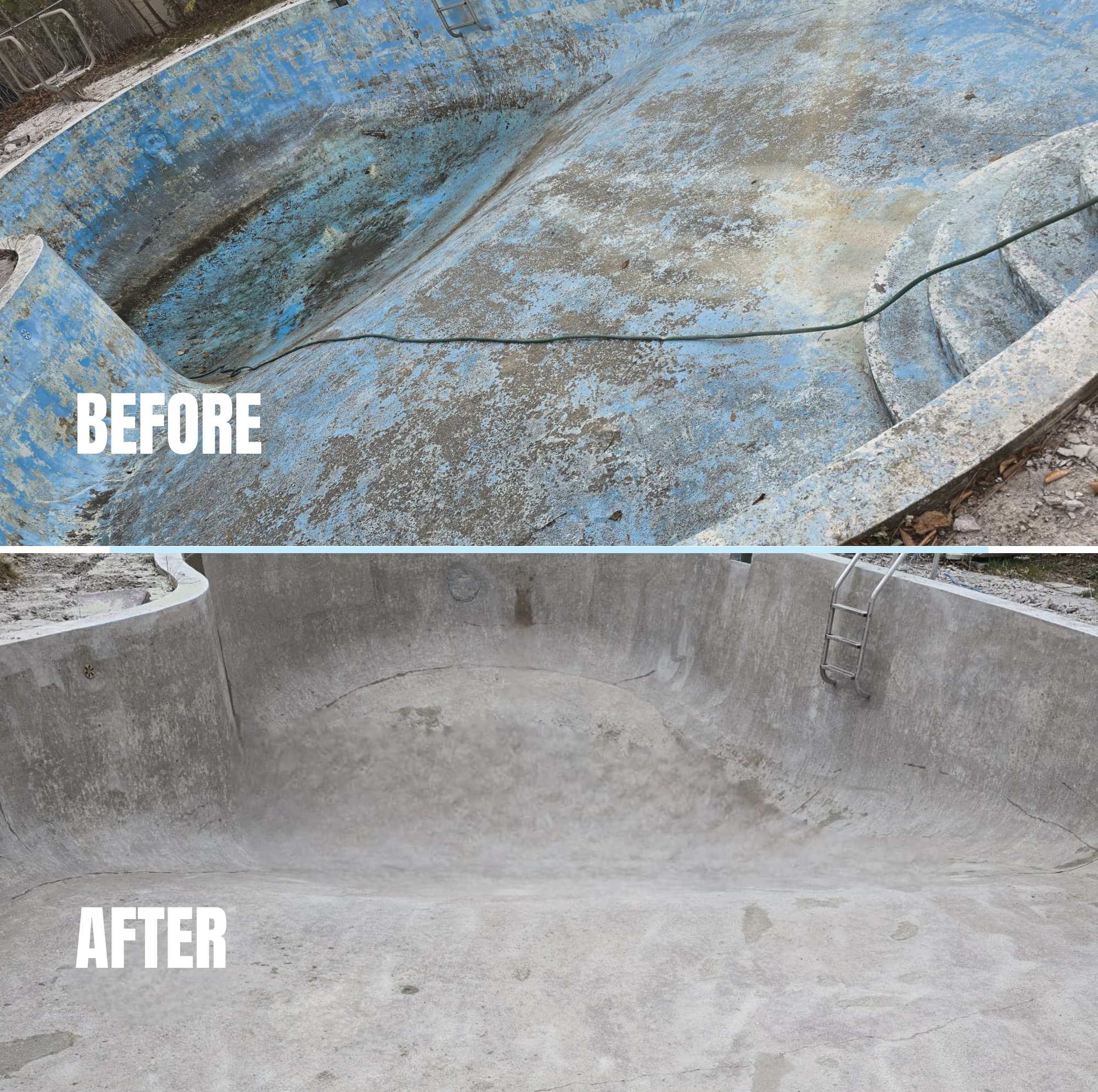 Pool surface before and after sandblasting